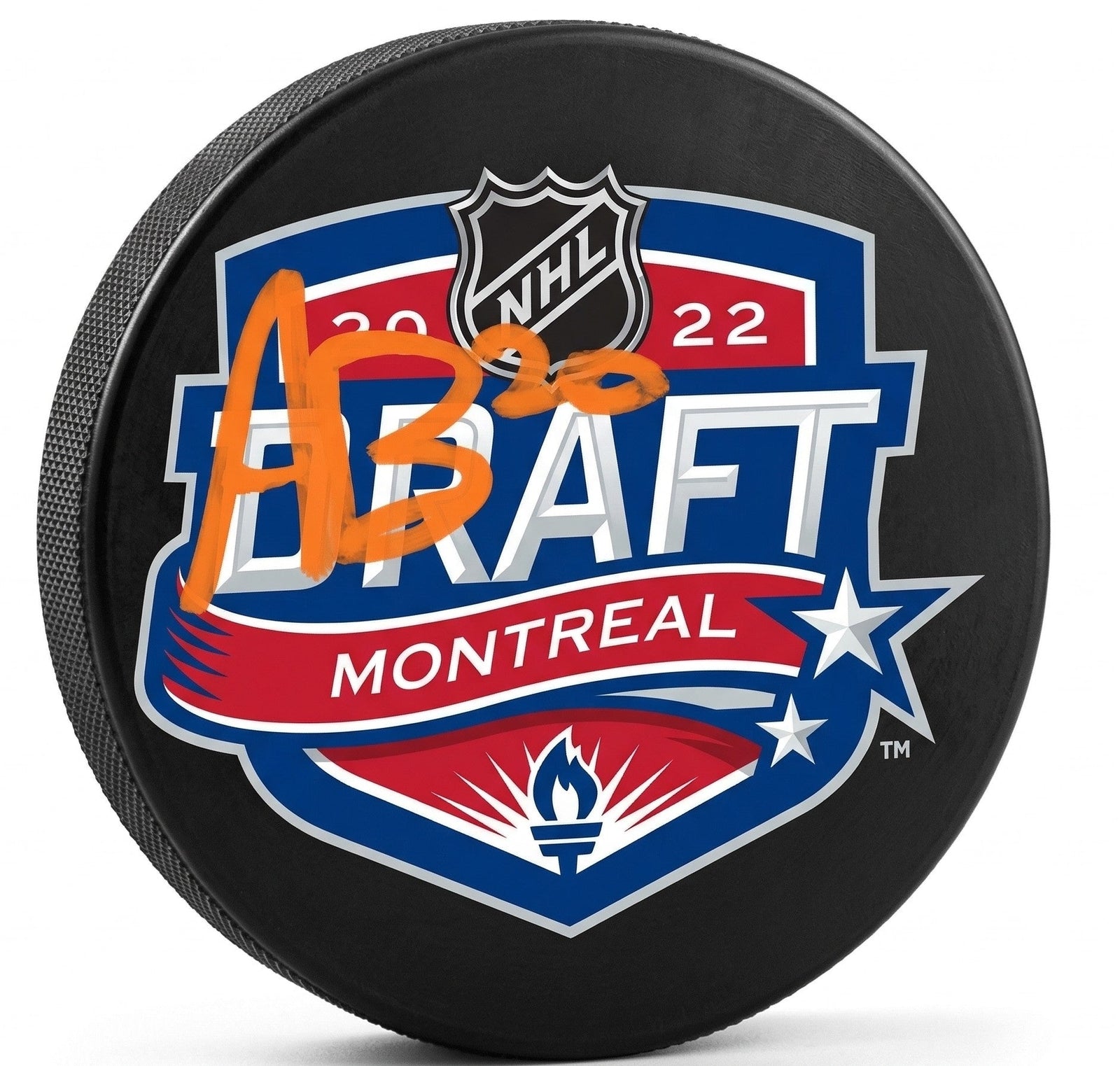 Alex Bump Philadelphia Flyers Signed 2022 NHL Draft Logo Hockey Puck (Orange Signature)