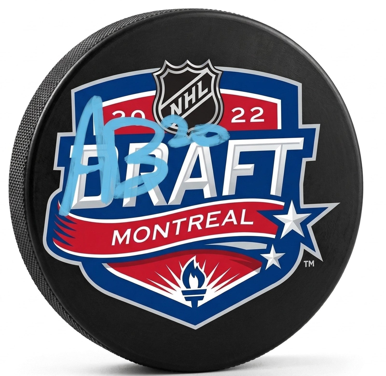 Alex Bump Philadelphia Flyers Signed 2022 NHL Draft Logo Hockey Puck (Blue Signature)