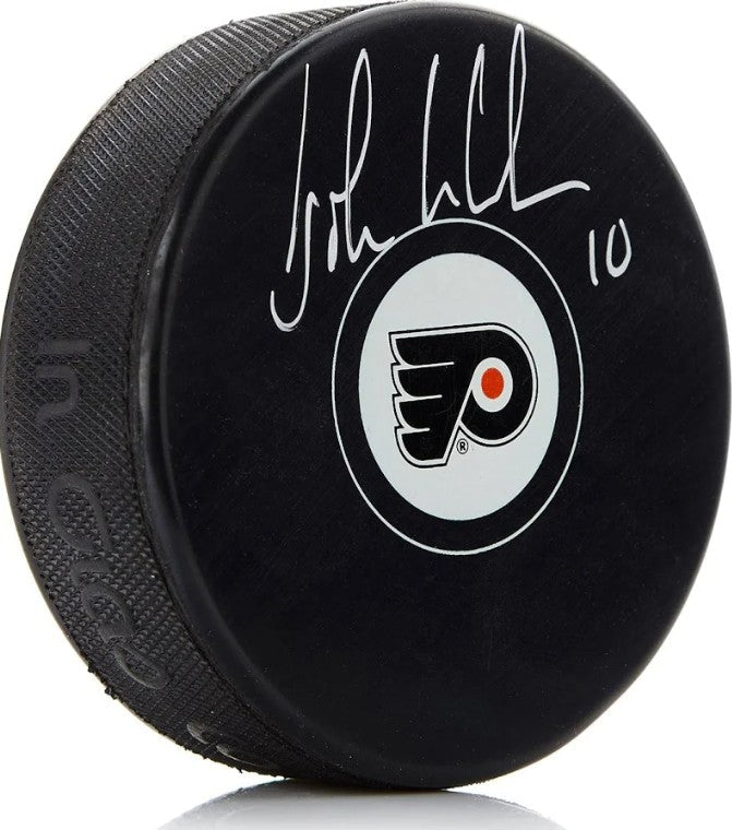 John LeClair Philadelphia Flyers Signed Hockey Logo Puck-Powers Sports Memorabilia