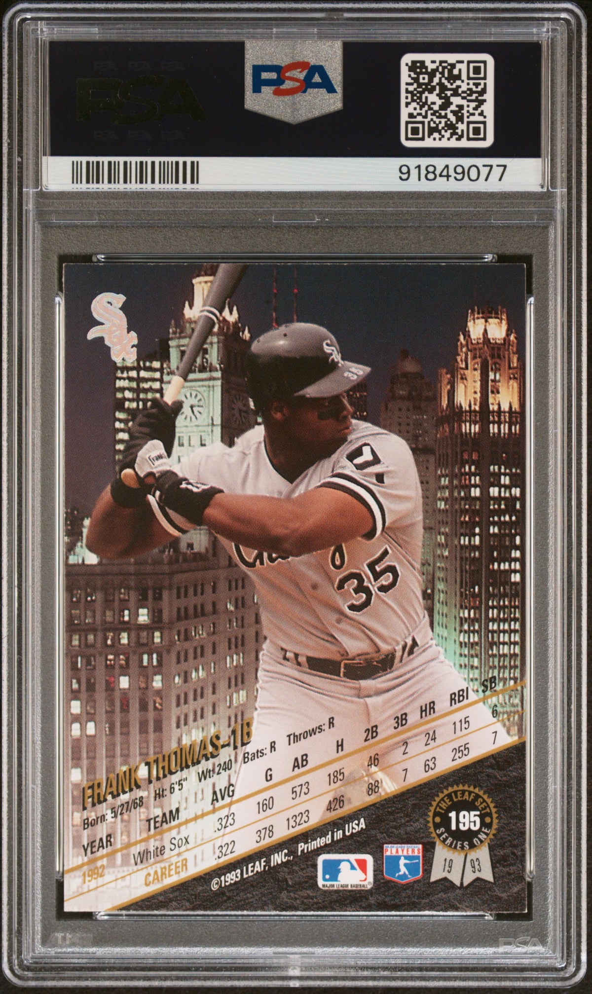 Frank Thomas 1993 Leaf Signed Baseball Card #195 Auto Graded PSA 10-Powers Sports Memorabilia