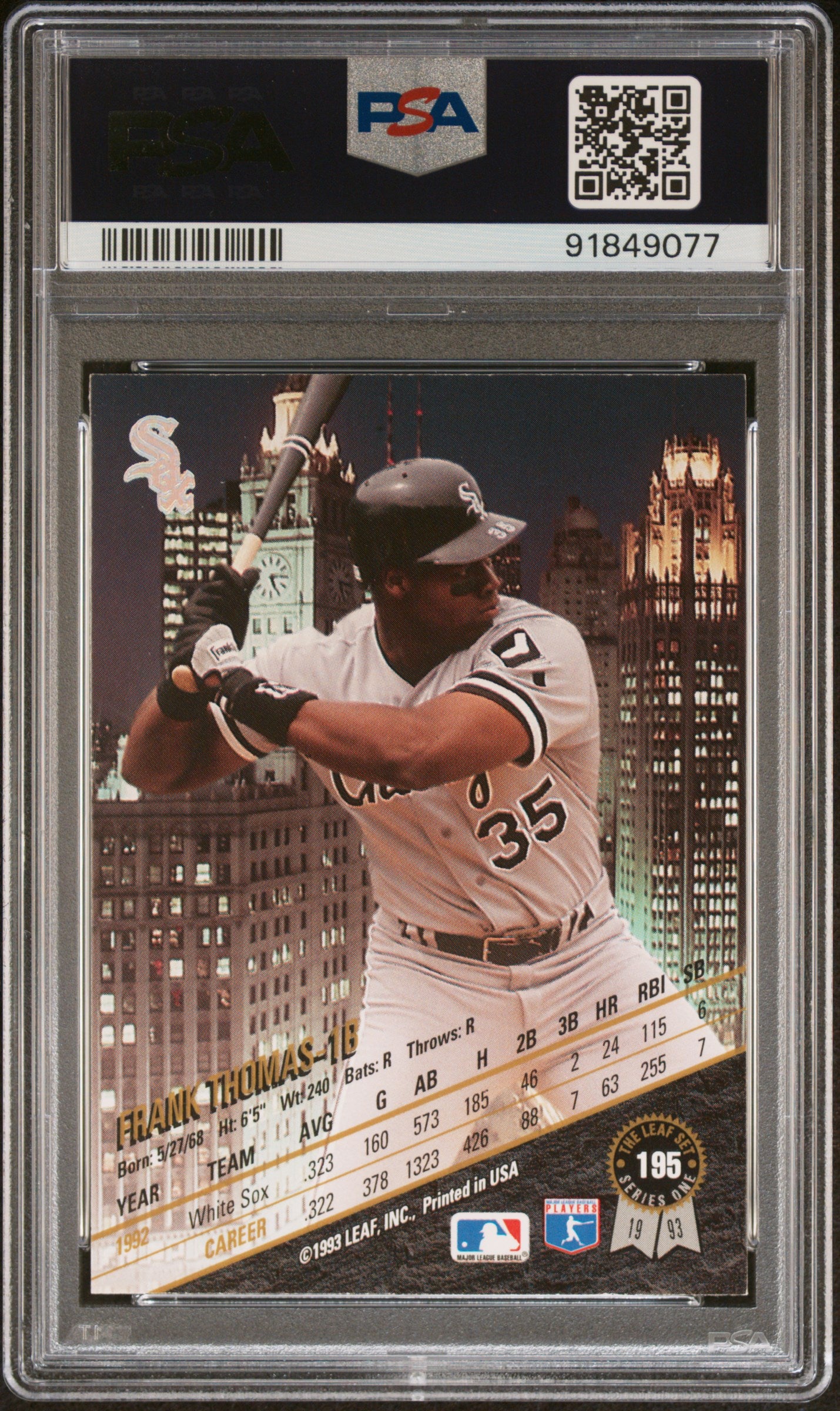 Frank Thomas 1993 Leaf Signed Baseball Card #195 Auto Graded PSA 10-Powers Sports Memorabilia