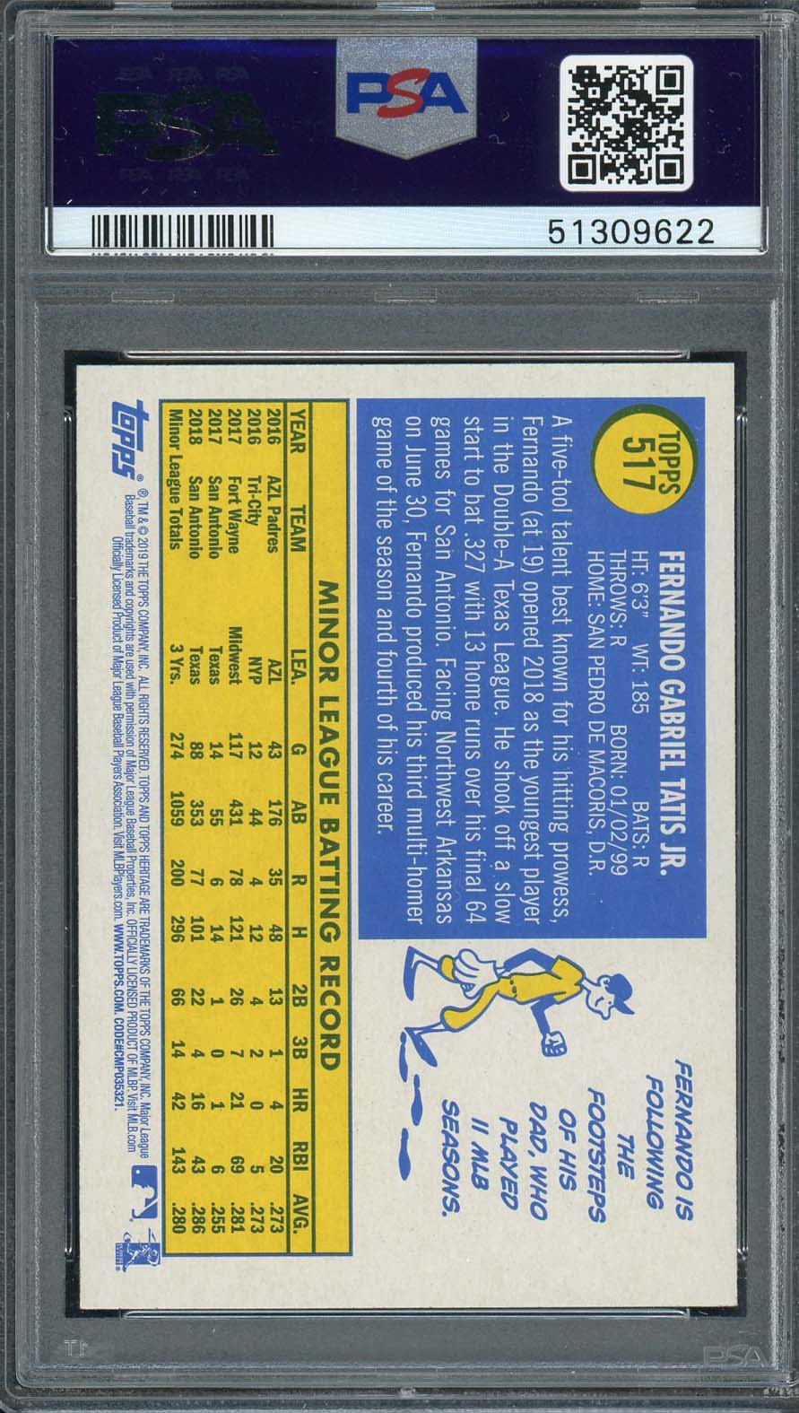 Fernando Tatis Jr 2019 Topps Heritage Baseball Rookie Card RC #517 Graded PSA 9-Powers Sports Memorabilia