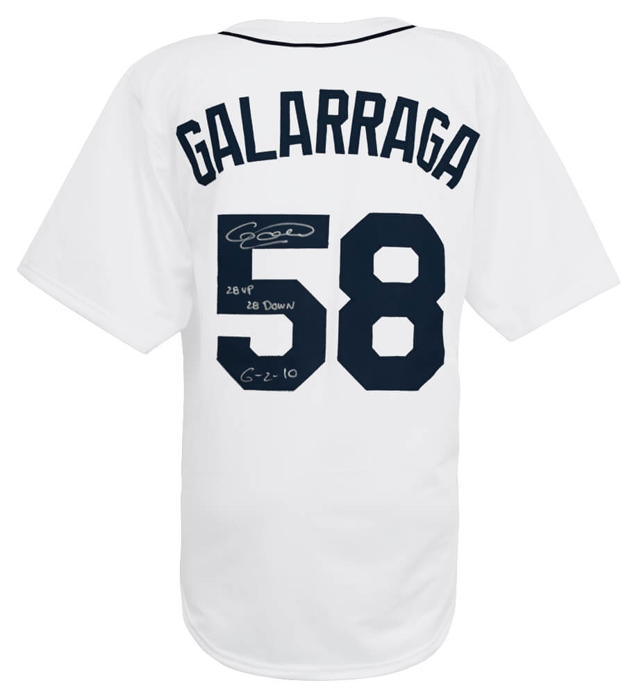 Armando Galarraga Autographed White Custom Baseball Jersey with 28 Up 28 Down 6-2-10-Powers Sports Memorabilia