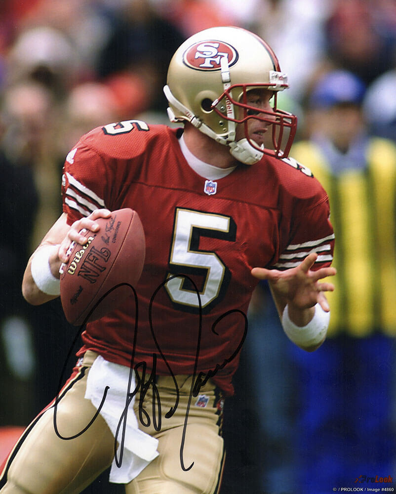 Jeff Garcia Autographed San Francisco 49ers Red Jersey Passing Action 8x10 Photo-Powers Sports Memorabilia