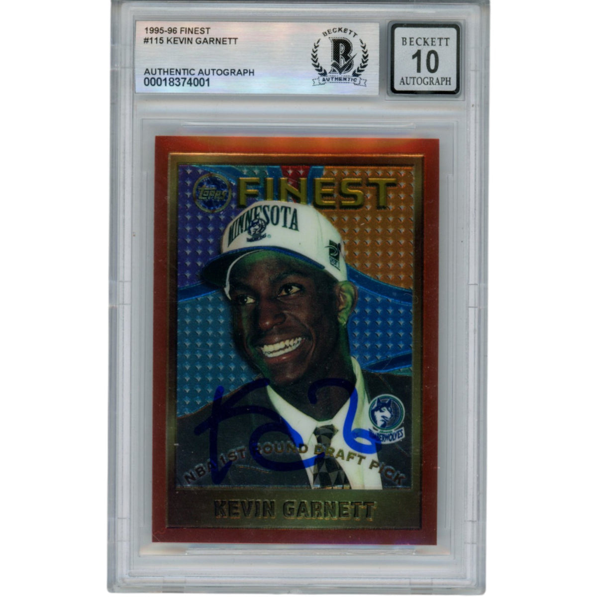 Kevin Garnett Minnesota Timberwolves Signed Card - 95-96 Topps Finest #115 Beckett Beckett-Powers Sports Memorabilia