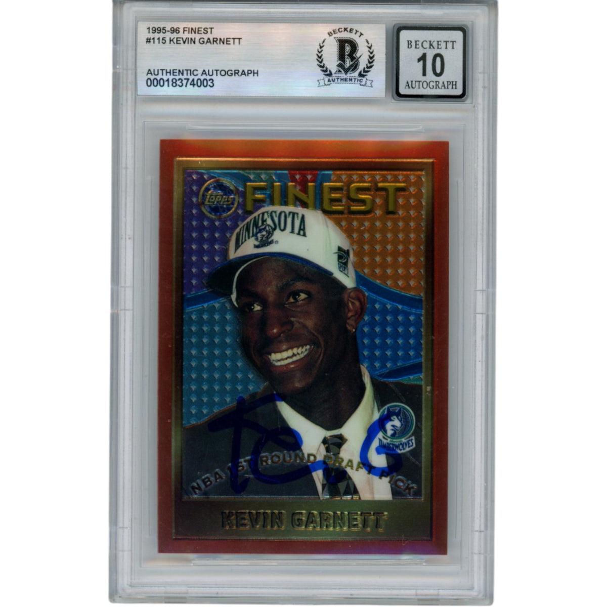 Kevin Garnett Minnesota Timberwolves Signed Card - 95-96 Topps Finest #115 Beckett Beckett - 50864-Powers Sports Memorabilia
