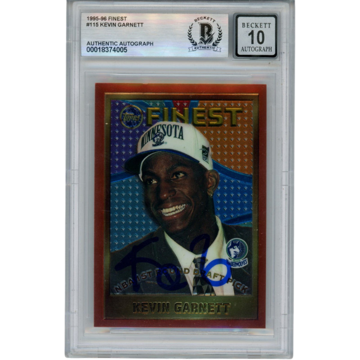 Kevin Garnett Minnesota Timberwolves Signed Card - 95-96 Topps Finest #115 Beckett Beckett - 50879-Powers Sports Memorabilia