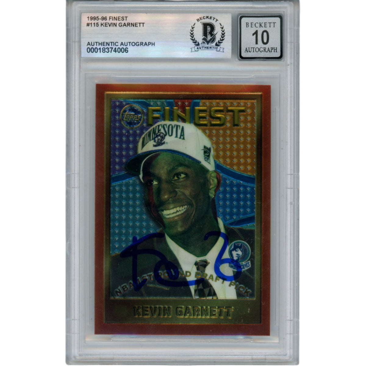 Kevin Garnett Minnesota Timberwolves Signed Card - 95-96 Topps Finest #115 Beckett Beckett - 50884-Powers Sports Memorabilia