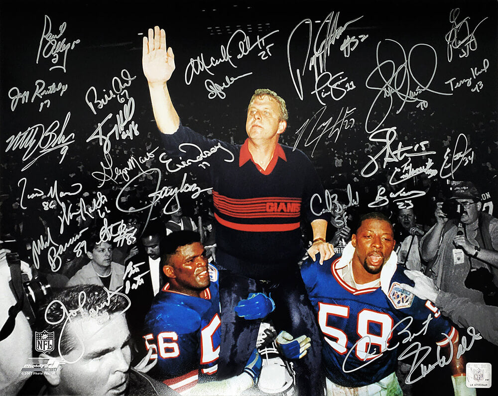 New York Giants Super Bowl XXI / XXV Team Autographed Bill Parcells Carried Off Field Spotlight 16x20 Photo (29 Sigs)-Powers Sports Memorabilia