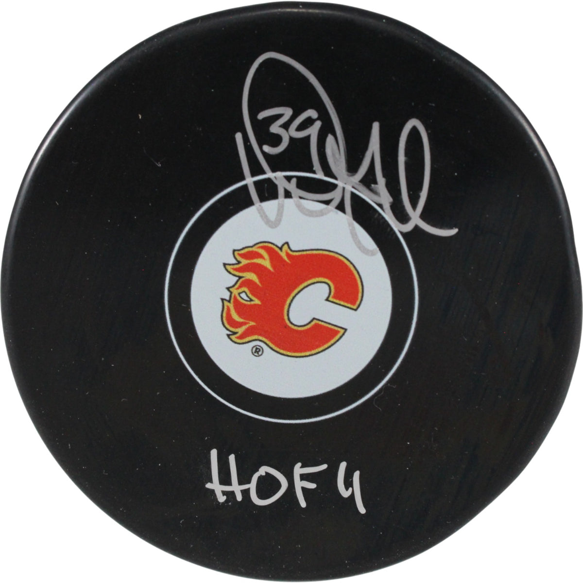 Doug Gilmore Calgary Flames Logo Signed Puck HOF-Powers Sports Memorabilia