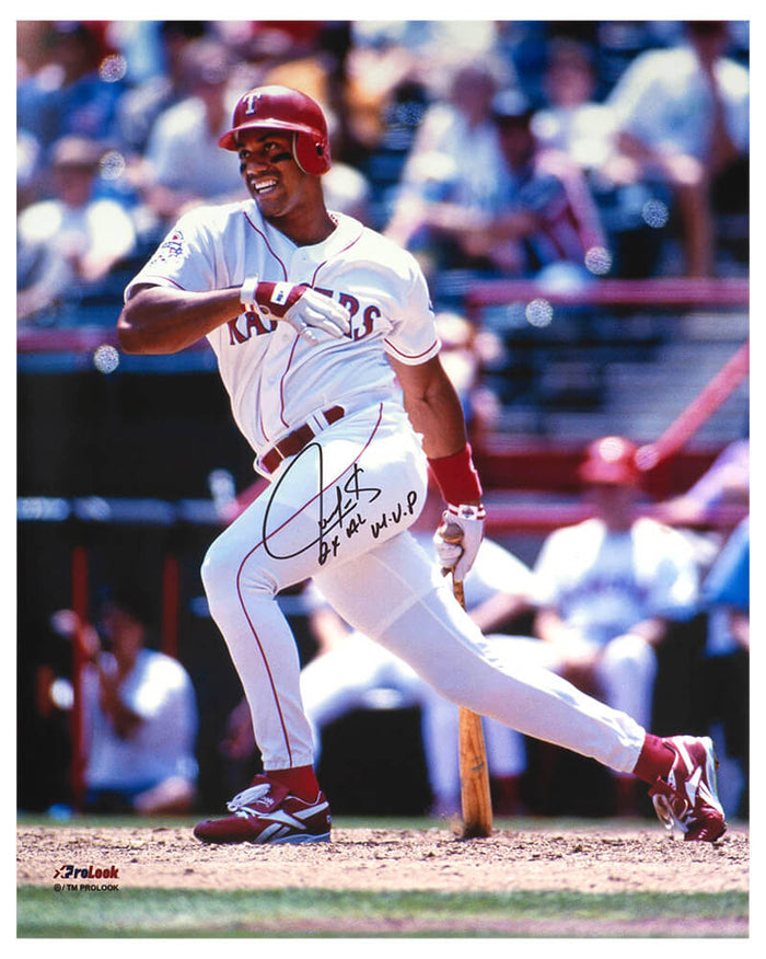 Juan Gonzalez Autographed Texas Rangers White Jersey Swinging Action 16x20 Photo with 2x AL MVP-Powers Sports Memorabilia