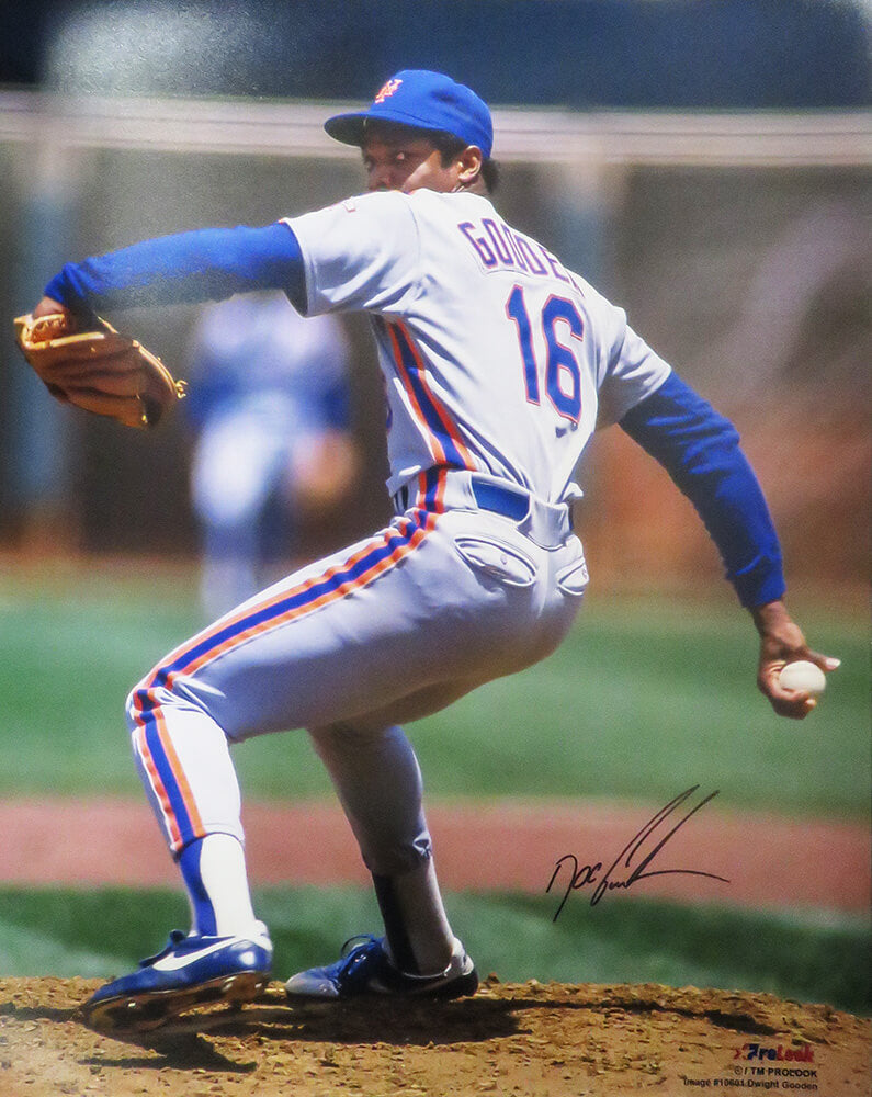 Dwight 'Doc' Gooden Autographed New York Mets Pitching Grey Jersey Action 16x20 Photo-Powers Sports Memorabilia
