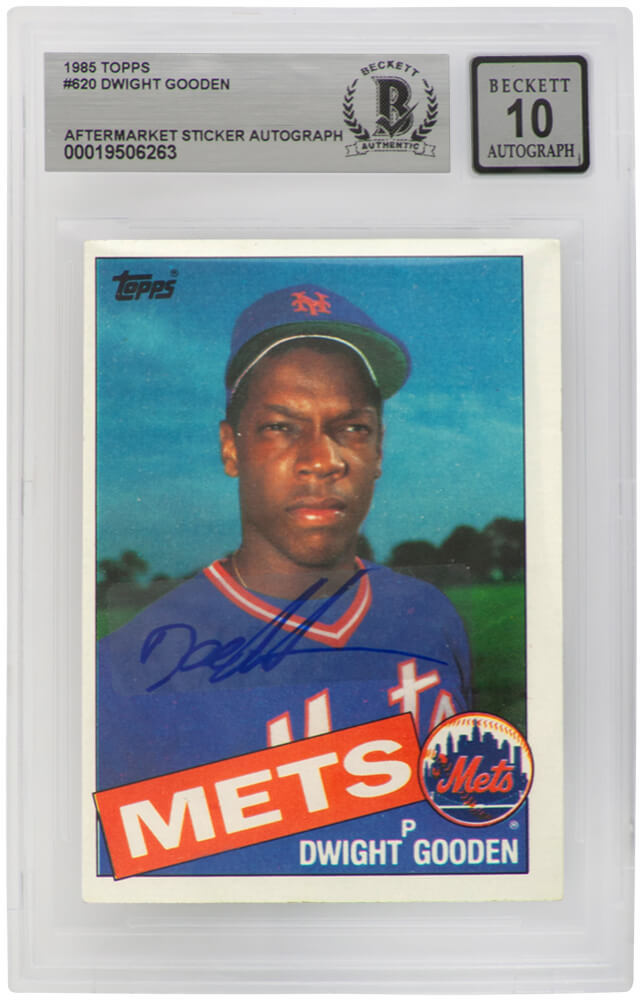Dwight Gooden Autographed Mets 1985 Topps Rookie Baseball Card #620 (Beckett Autographed Sticker Grade 10)-Powers Sports Memorabilia
