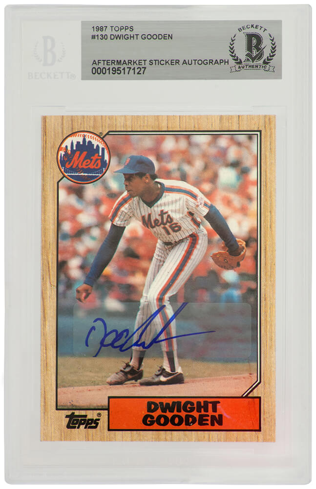 Dwight Gooden Autographed New York Mets 1987 Topps Baseball Rookie Card #130 - (Beckett / Auto Sticker)-Powers Sports Memorabilia