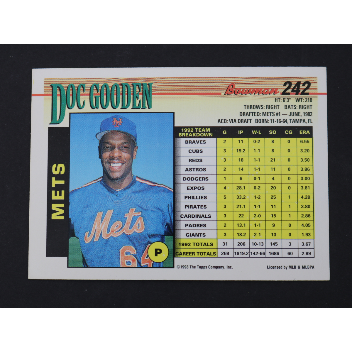 Dwight Doc Gooden New York Mets Signed Inscribed 1993 Bowman #242-Powers Sports Memorabilia