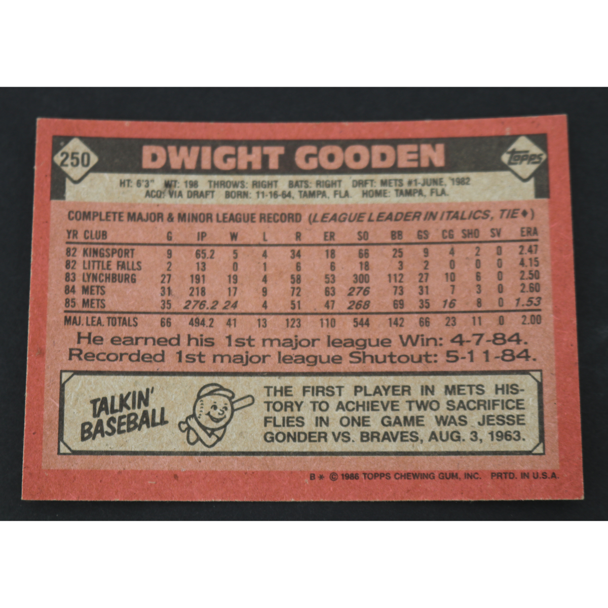 Dwight Doc Gooden New York Mets Signed Inscribed 1986 Topps #250-Powers Sports Memorabilia