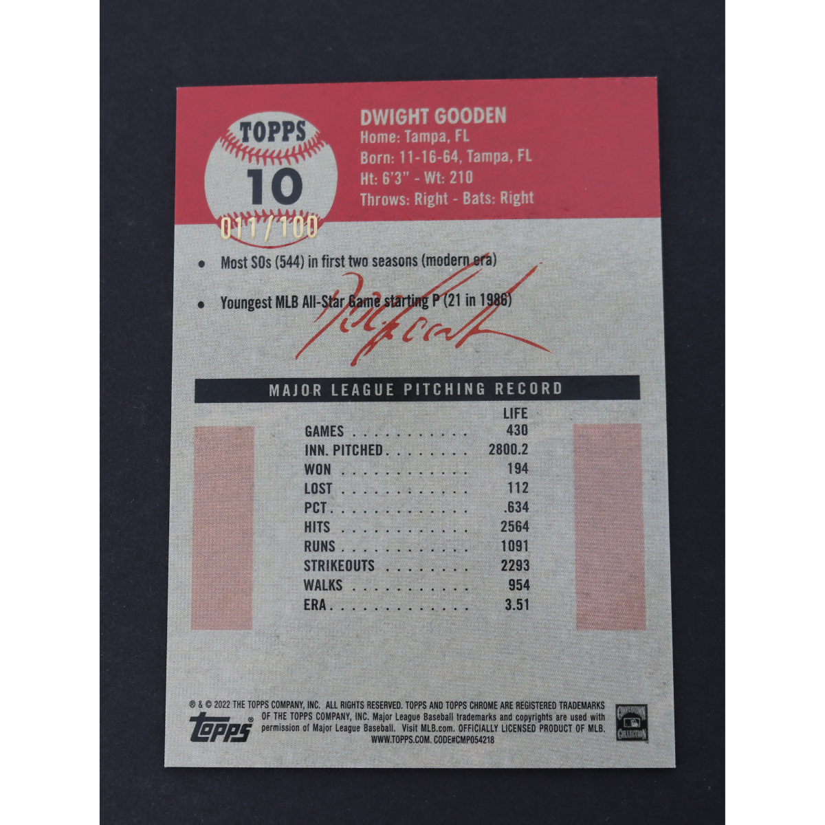 Dwight Doc Gooden New York Mets Signed Inscribed 2022 Topps Chrome Platinum Anniversary Red Atomic Refractor /100 #10-Powers Sports Memorabilia