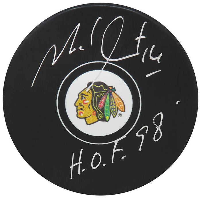 Michel Goulet Autographed Chicago Blackhawks Logo Hockey Puck with HOF'98-Powers Sports Memorabilia