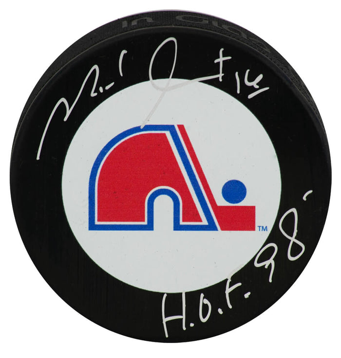 Michel Goulet Autographed Quebec Nordiques Team Large Logo Hockey Puck with HOF'98-Powers Sports Memorabilia