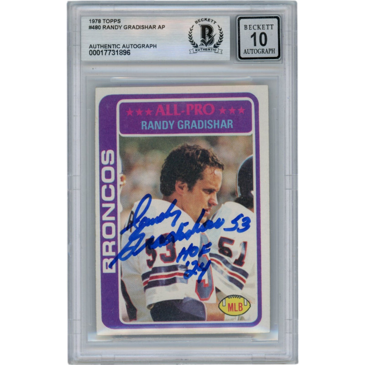 Randy Gradishar 1978 Topps #480 10 Grade Slabbed Signed Card-Powers Sports Memorabilia
