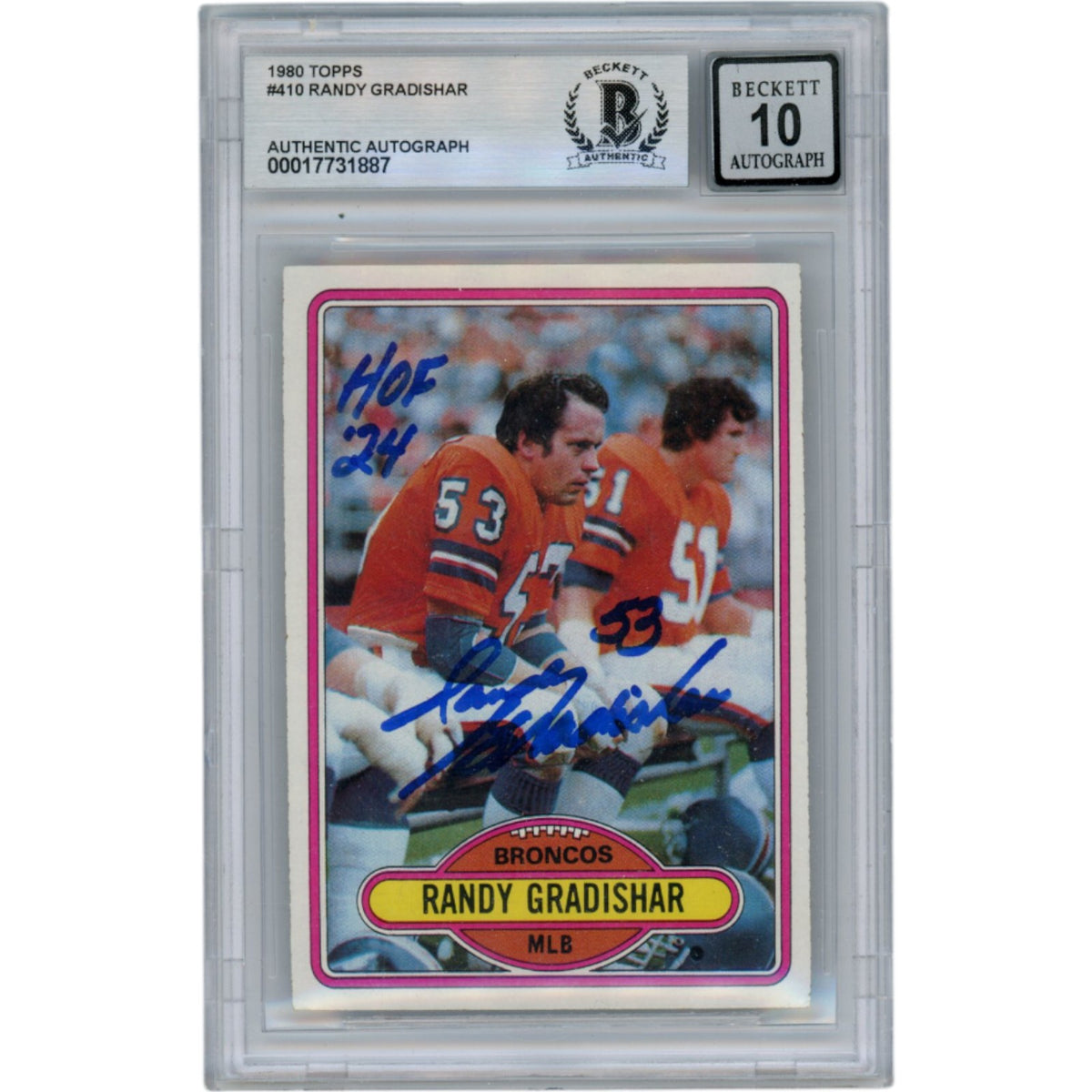Randy Gradishar 1980 Topps #410 10 Grade Slabbed Signed Card-Powers Sports Memorabilia