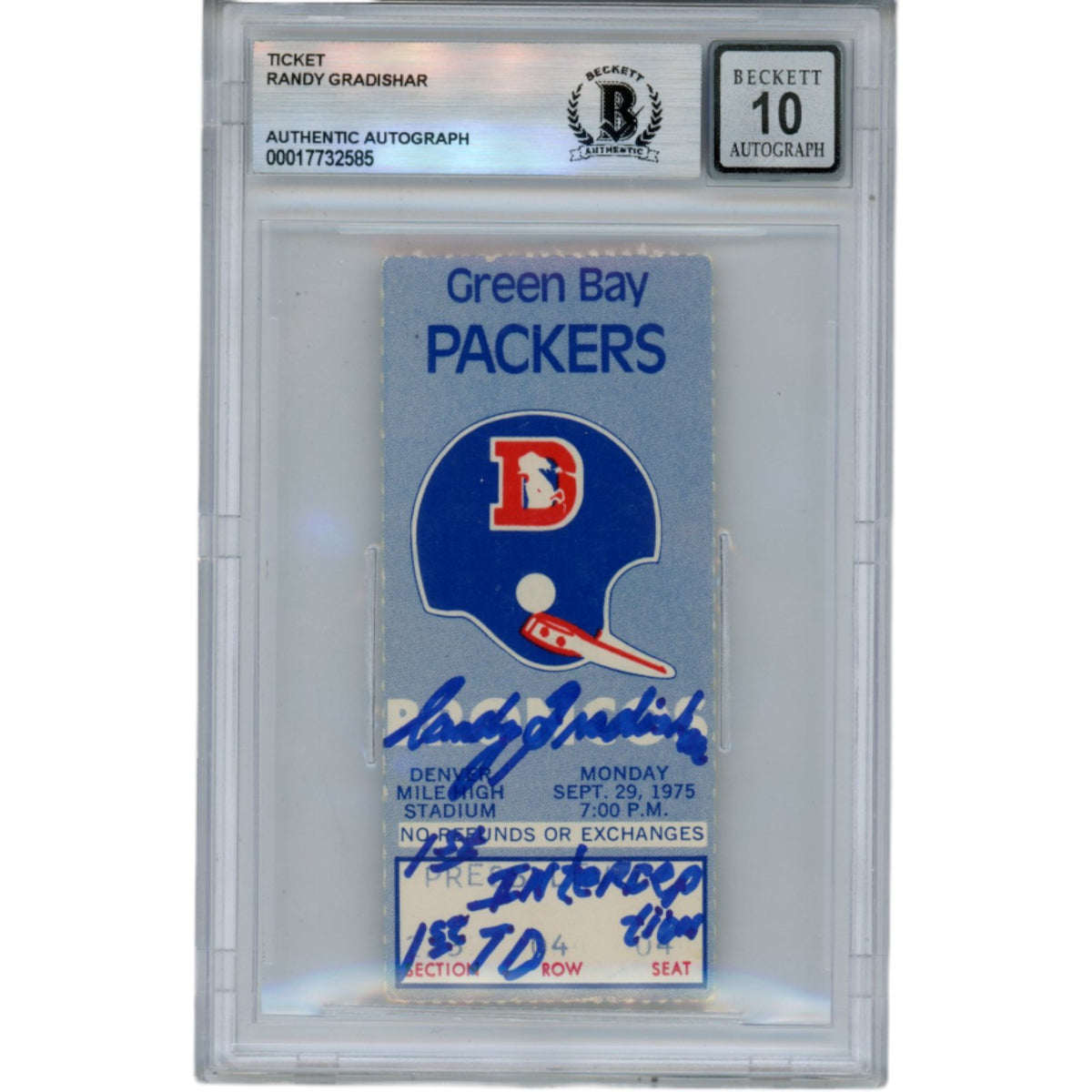 Randy Gradishar Denver Broncos Signed Card - Ticket Stub 11/29/75 v Packers 1st INT Slab Beckett Beckett-Powers Sports Memorabilia