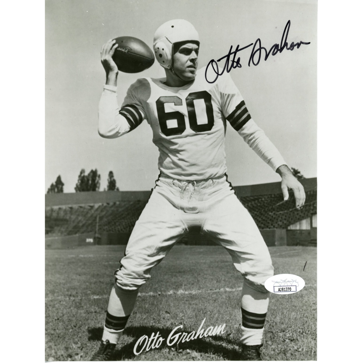 Otto Graham Cleveland Browns Signed Mini Helmet - B&W 7x9 JSA JSA-Powers Sports Memorabilia