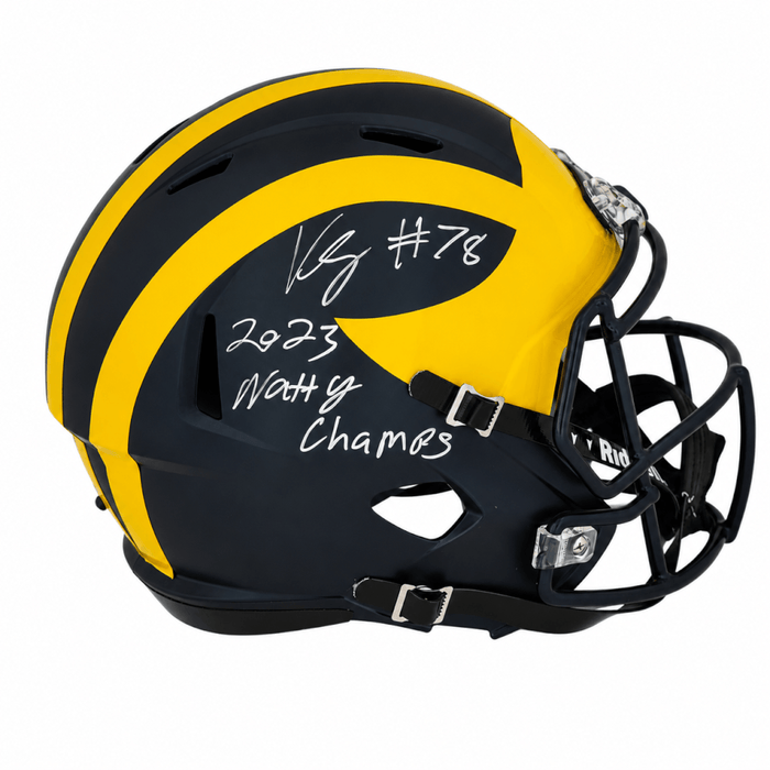 Kenneth Grant Autographed Michigan Wolverines Riddell Full Size Speed Replica Helmet with 2023 Natty Champs-Powers Sports Memorabilia