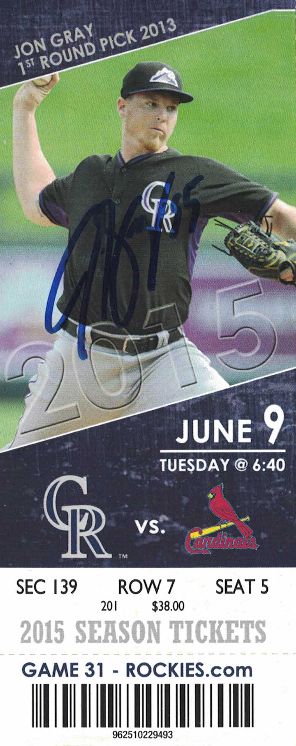 Jon Gray Colorado Rockies Signed Card - Ticket June 9 2015 JSA JSA-Powers Sports Memorabilia