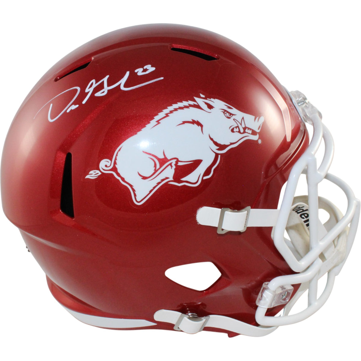 Dre Greenlaw Arkansas Razorbacks F/S Signed Helmet Beckett Witness 54647 Beckett-Powers Sports Memorabilia