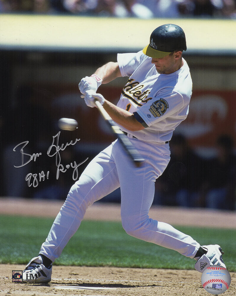 Ben Grieve Autographed Oakland A's Swinging Action 8x10 Photo with 98 AL ROY-Powers Sports Memorabilia