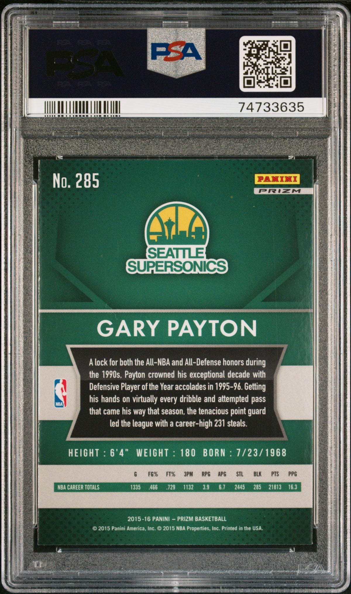 Gary Payton 2015 Panini Green Prizm Signed Basketball Card #285 Auto PSA-Powers Sports Memorabilia