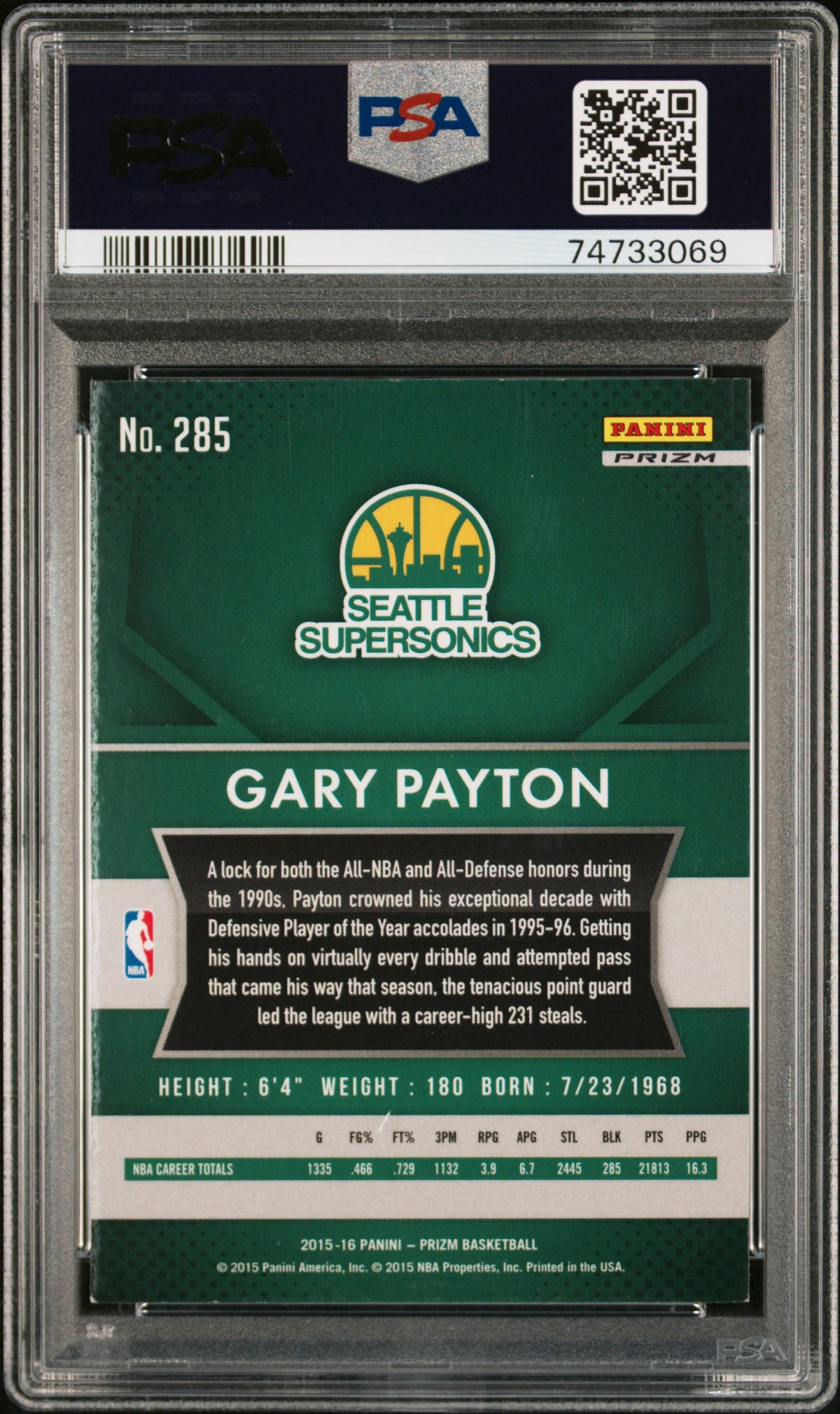Gary Payton 2015 Panini Silver Prizm Signed Card #285 Auto Graded PSA 9-Powers Sports Memorabilia