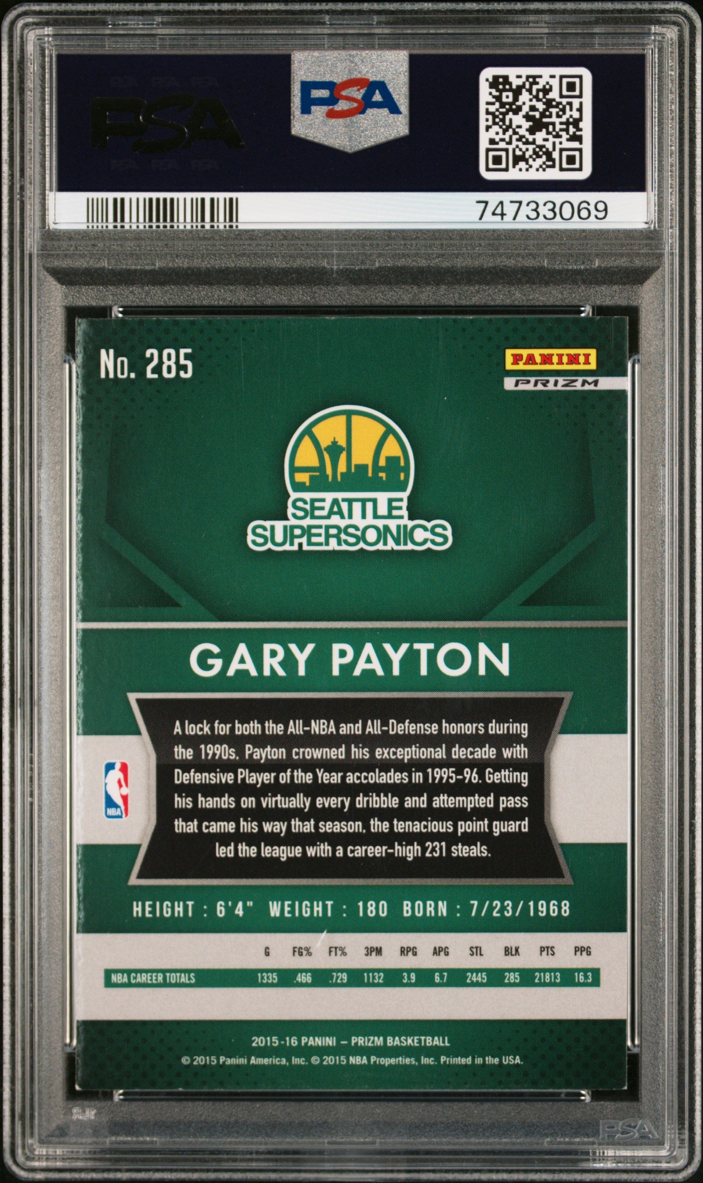 Gary Payton 2015 Panini Silver Prizm Signed Card #285 Auto Graded PSA 9-Powers Sports Memorabilia