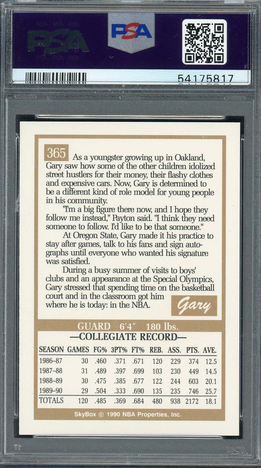 Gary Payton 1990 Skybox Basketball Rookie Card RC #365 Graded PSA 9-Powers Sports Memorabilia