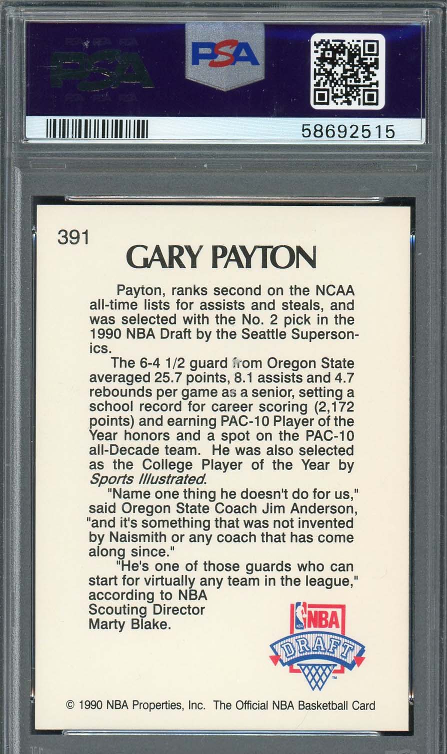 Gary Payton 1990 Hoops Basketball Rookie Card RC #391 Graded PSA 10-Powers Sports Memorabilia