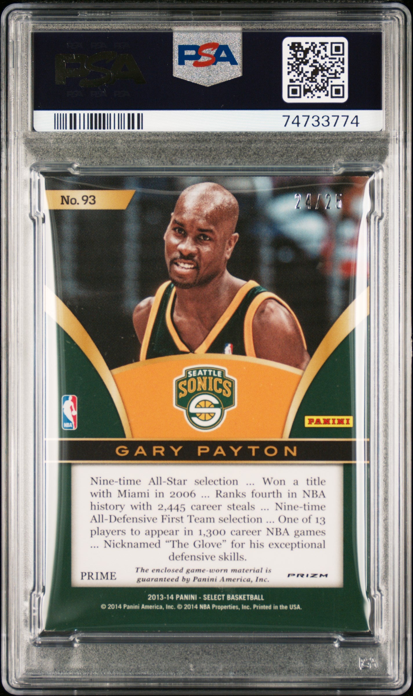 Gary Payton 2013 Panini Select Game Used Swatches Signed Card #93 Auto PSA 10-Powers Sports Memorabilia