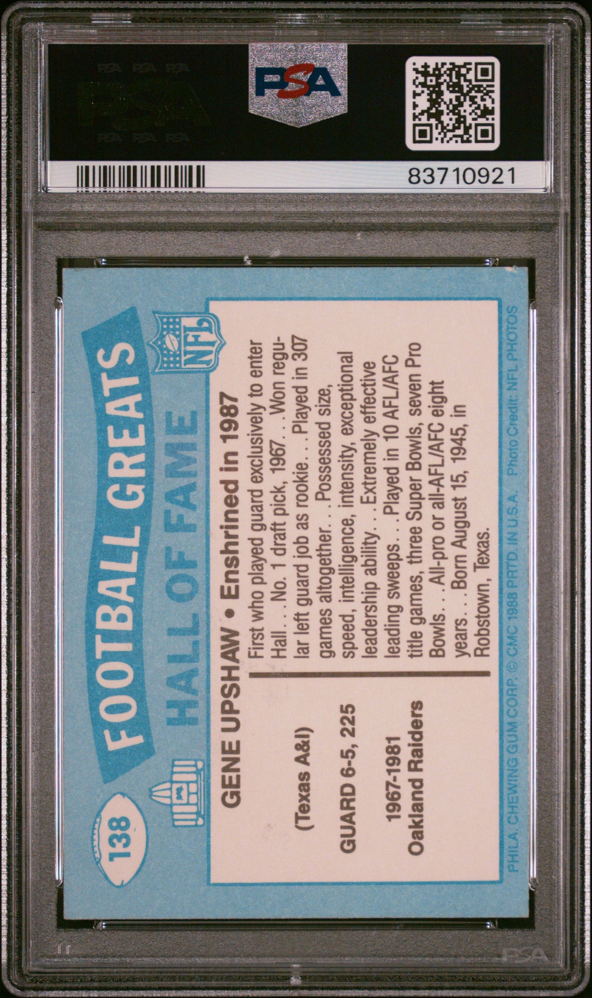 Gene Upshaw 1988 Swell Greats Signed Football Card #138 Auto Graded PSA 10-Powers Sports Memorabilia
