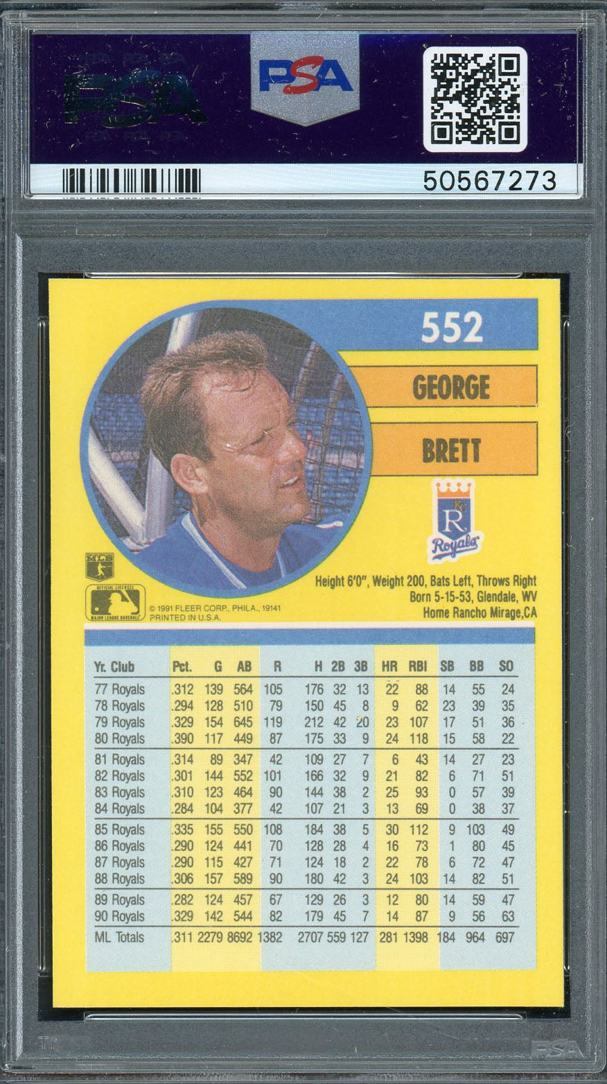 George Brett 1991 Fleer Baseball Card #552 Graded PSA 10 GEM MINT-Powers Sports Memorabilia