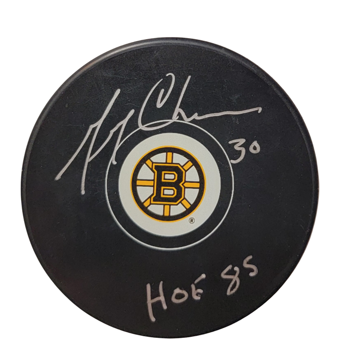 Gerry Cheevers Signed Boston Bruins Logo Hockey Puck - HOF '85 JSA Witnessed | NHL Memorabilia-Powers Sports Memorabilia