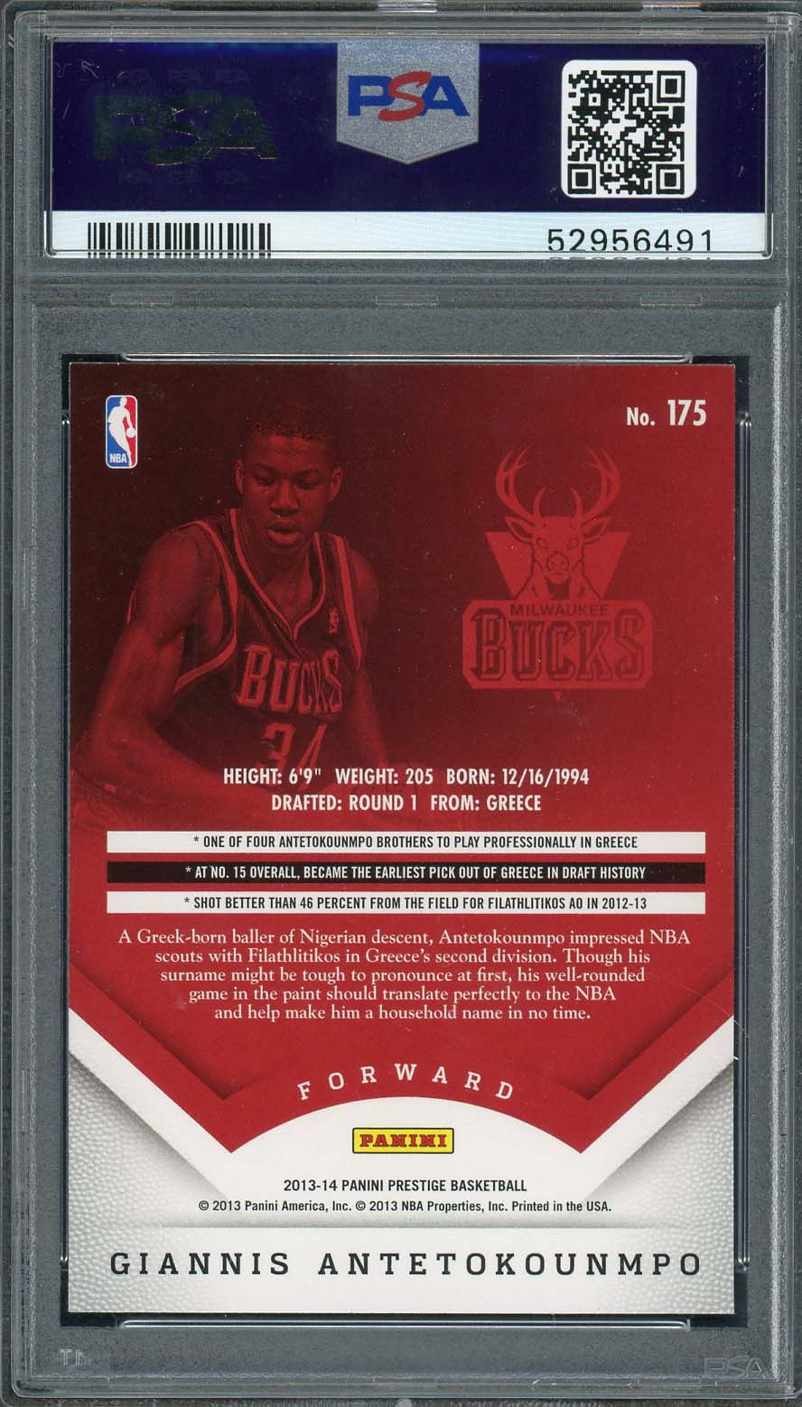 Giannis Antetokounmpo 2013 Panini Prestige Basketball Rookie Card RC #175 PSA 9-Powers Sports Memorabilia