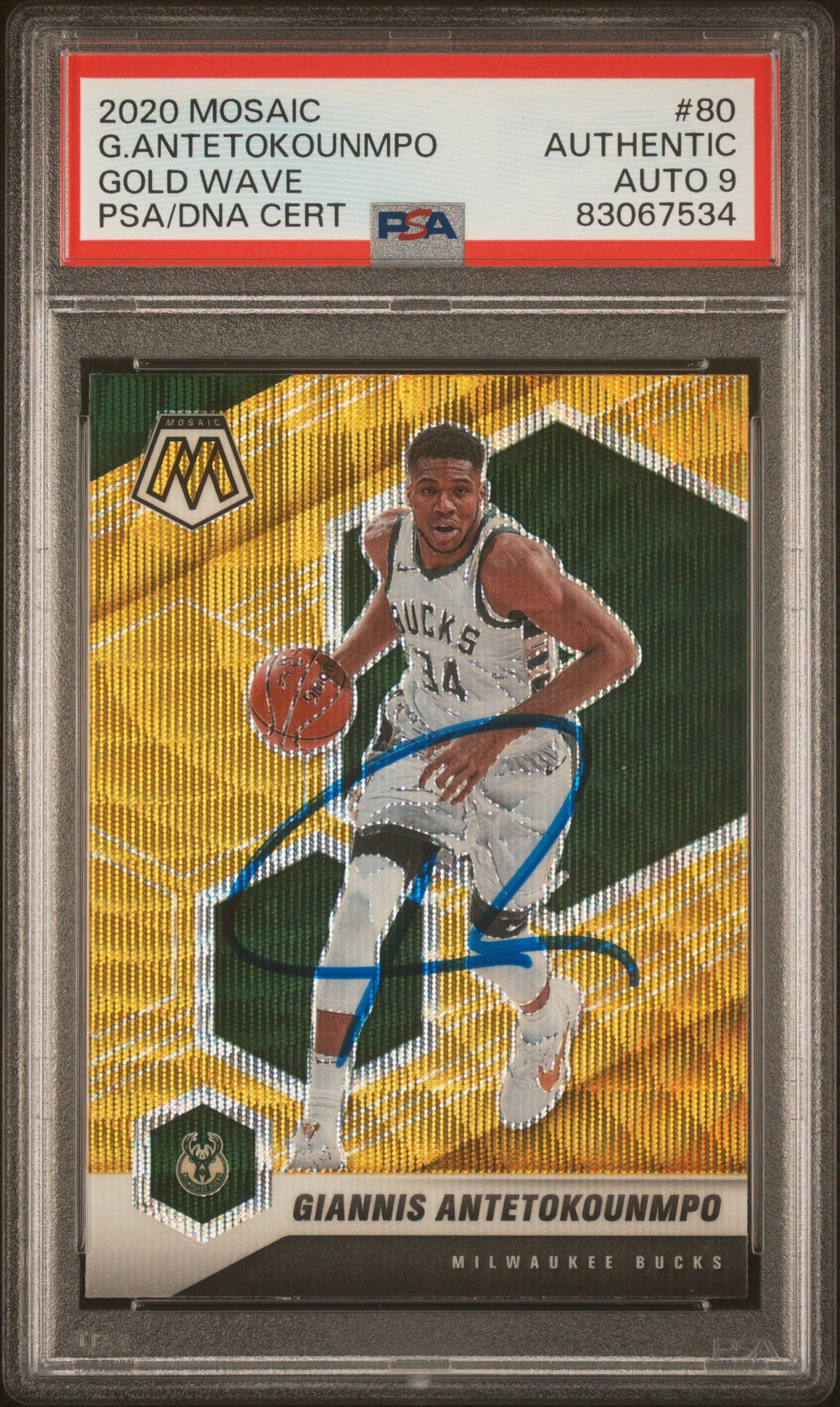 Giannis Antetokounmpo 2020 Panini Mosaic Gold Wave Signed Card #80 Auto PSA 9-Powers Sports Memorabilia