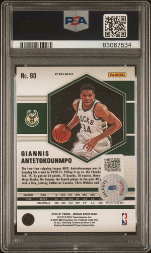 Giannis Antetokounmpo 2020 Panini Mosaic Gold Wave Signed Card #80 Auto PSA 9-Powers Sports Memorabilia
