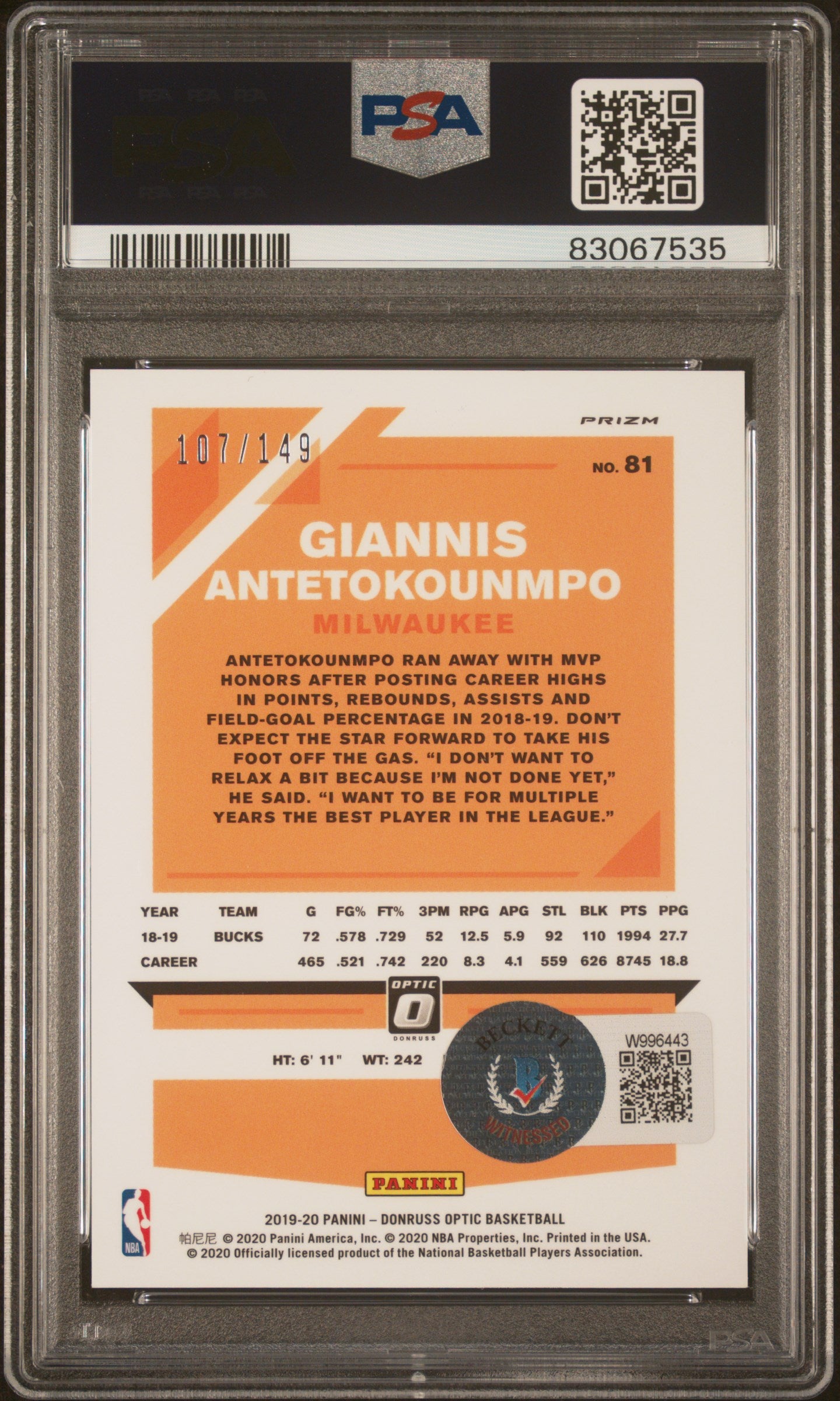 Giannis Antetokounmpo 2019 Panini Donruss Optic Lime Green Card #81 Auto PSA 10-Powers Sports Memorabilia