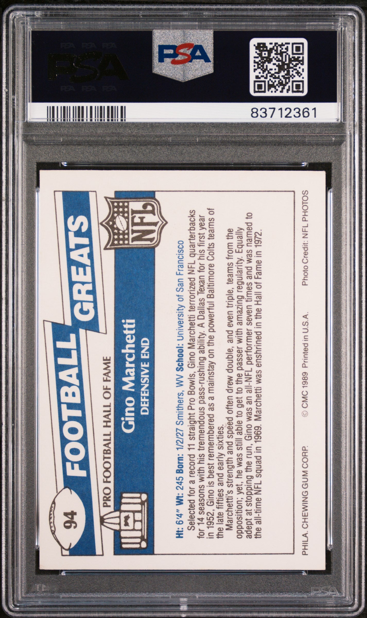 Gino Marchetti 1989 Swell Greats Signed Football Card #94 Auto PSA-Powers Sports Memorabilia