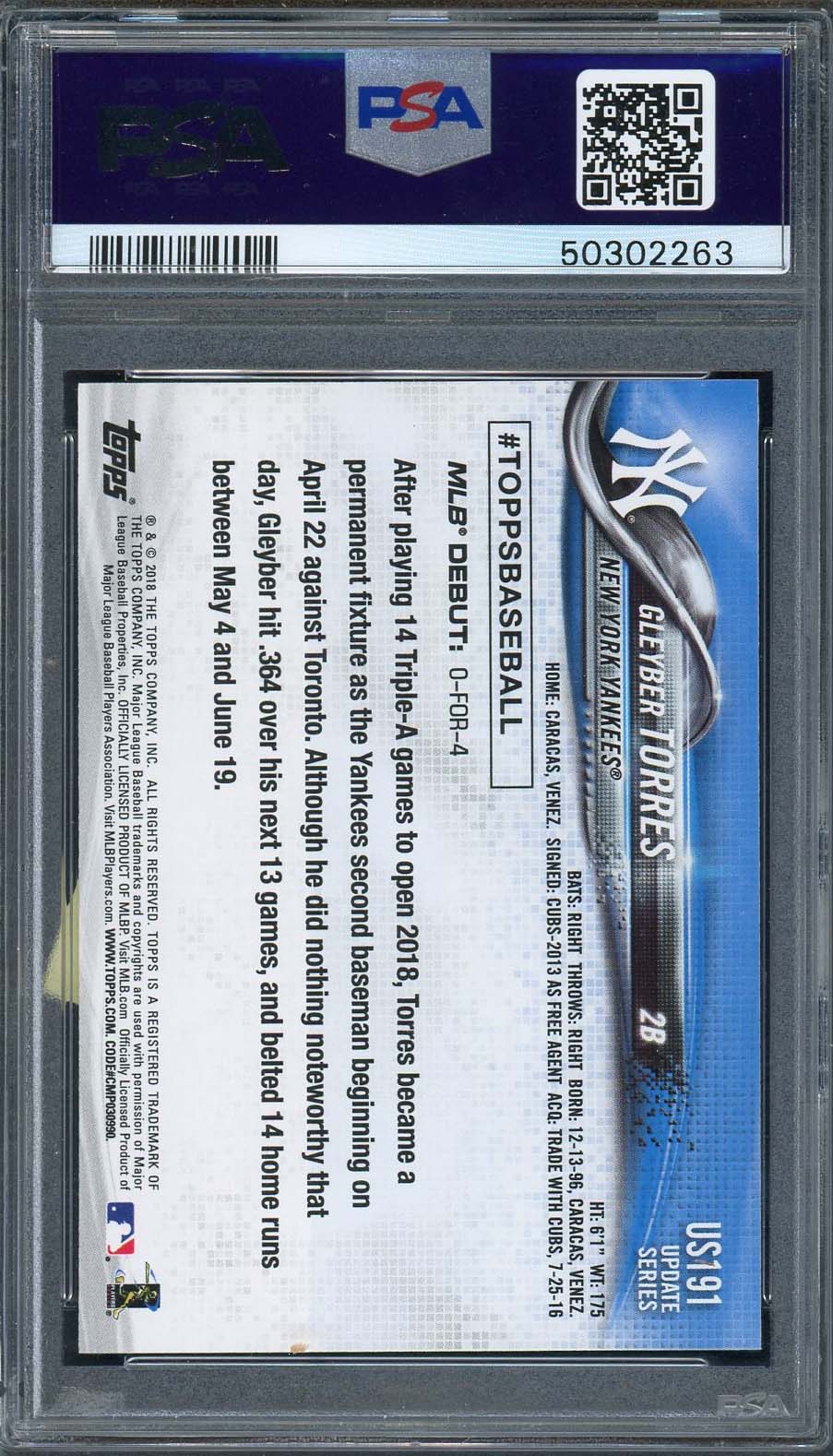 Gleyber Torres 2018 Topps Update Rookie Baseball Card RC #US191 Graded PSA 10-Powers Sports Memorabilia