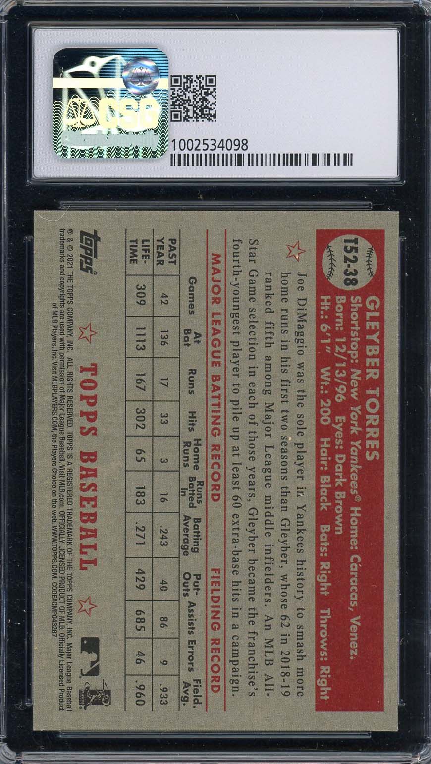 Gleyber Torres 2021 Topps 52 Redux Baseball Card #T52-38 Graded CSG 9.5-Powers Sports Memorabilia