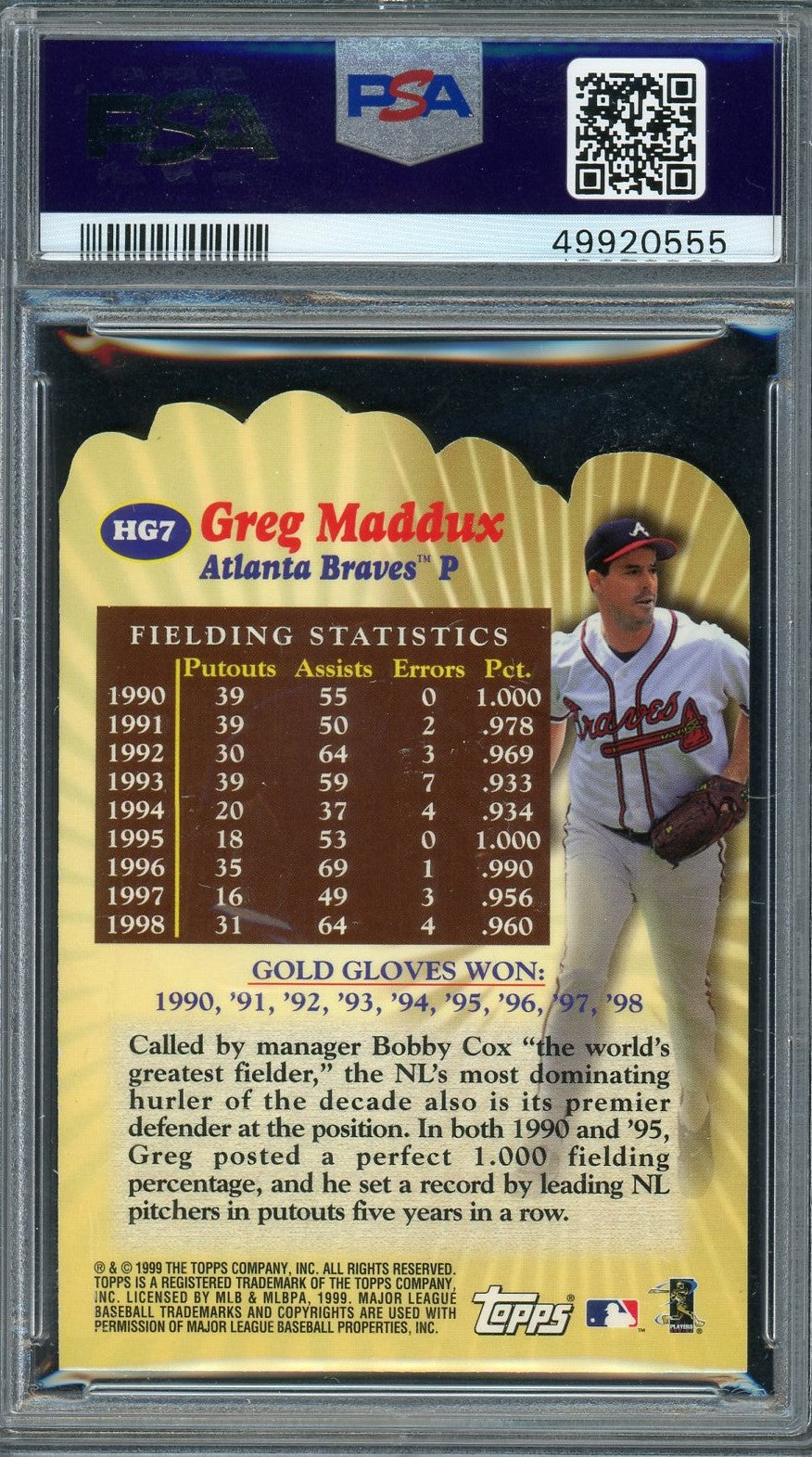 Greg Maddux 2000 Topps Hands of Gold Baseball Card #HG7 Graded PSA 10-Powers Sports Memorabilia