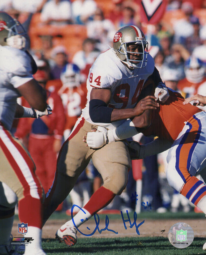 Charles Haley Autographed San Francisco 49ers White Jersey Action vs Broncos 8x10 Photo-Powers Sports Memorabilia
