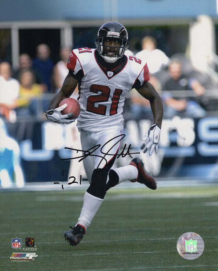DeAngelo Hall Autographed Atlanta Falcons White Jersey With Football 8x10 Photo-Powers Sports Memorabilia